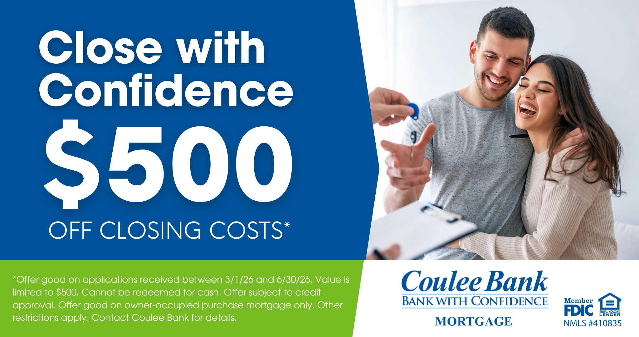 Couple smiling and grabbing keys to their new home. The text reads "Close with Confidence. $500 off closing costs".