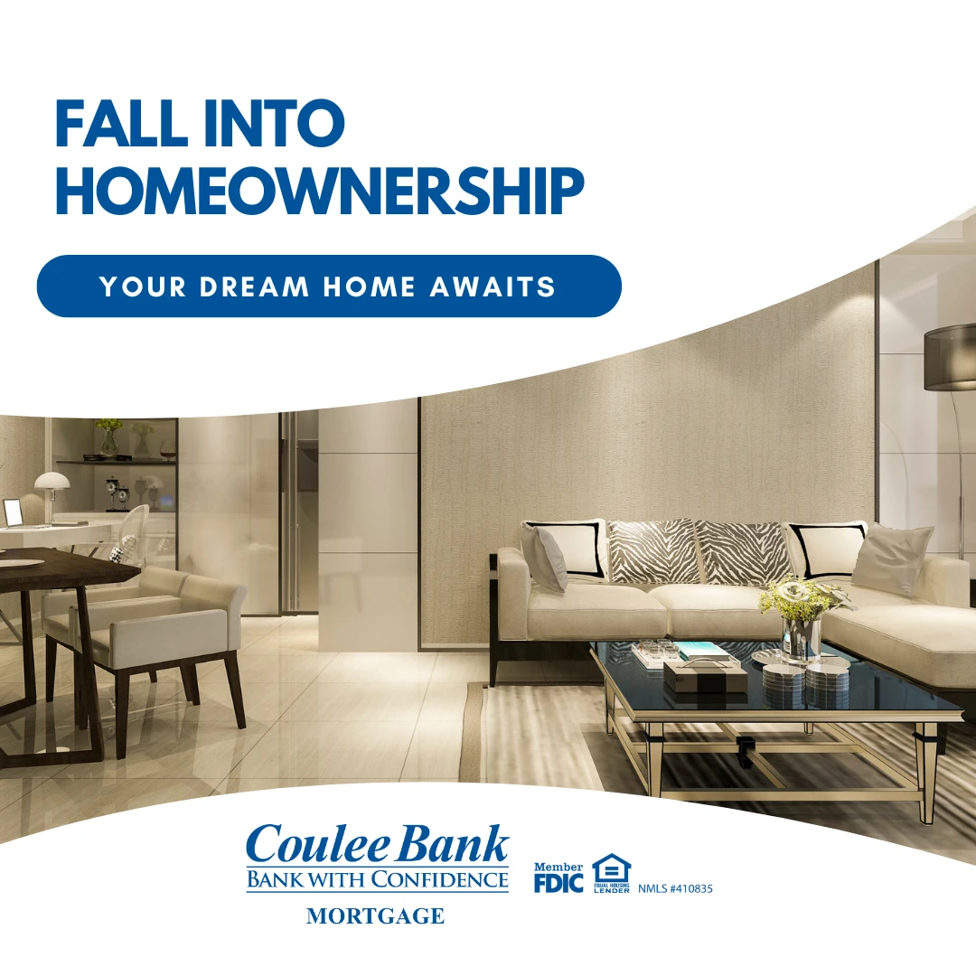 Beautiful, modern living and dining room that is white. Text includes Fall Into Homeownership, and Your dream Home Awaits.