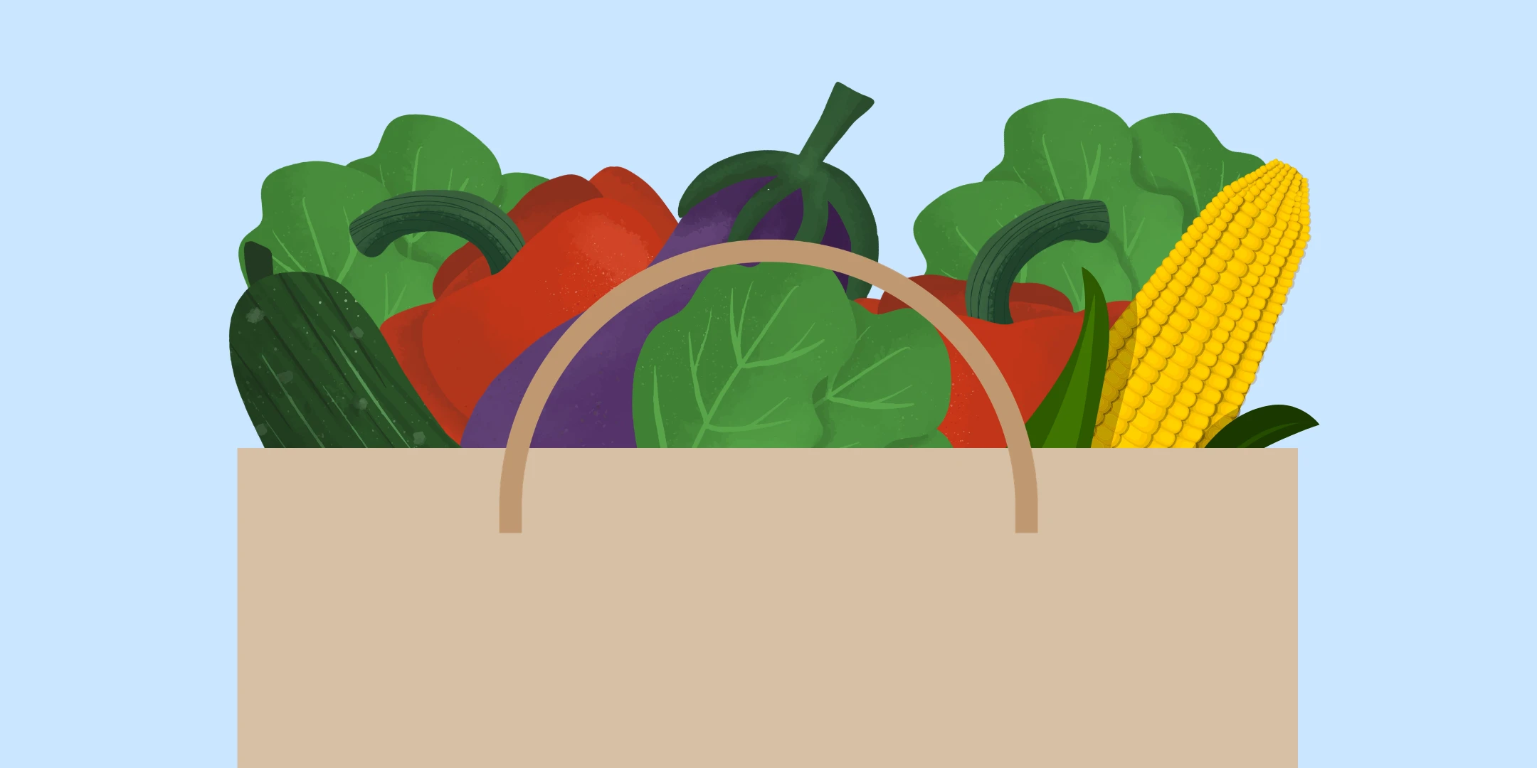 A cartoon grocery bag of food on a light blue background